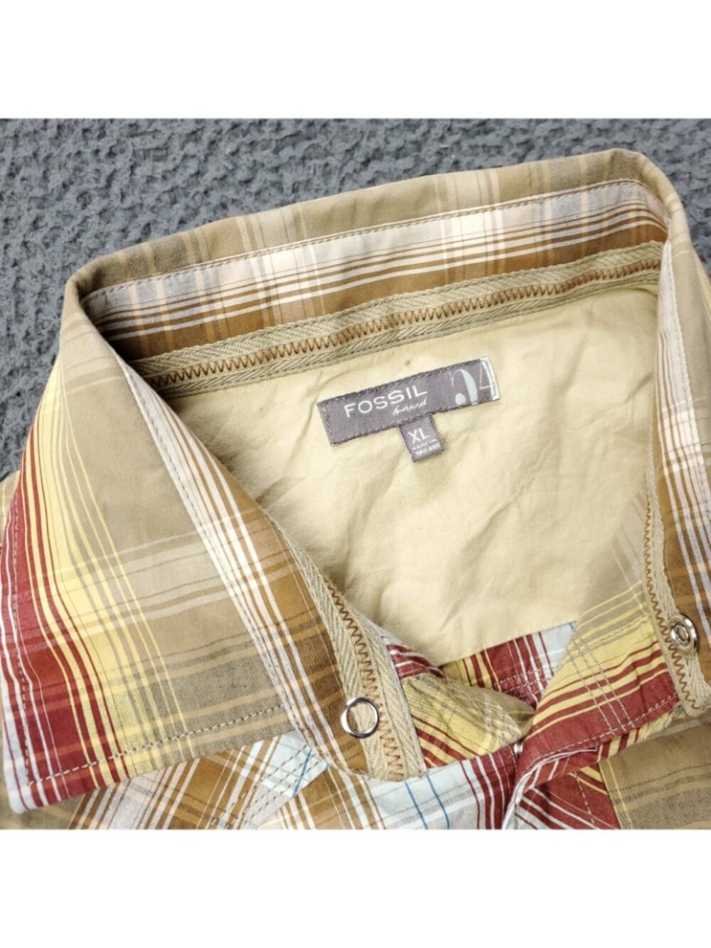 FOSSIL Pearl Snap Shirt Mens XL Long Sleeve Button Plaid Western Striped USA